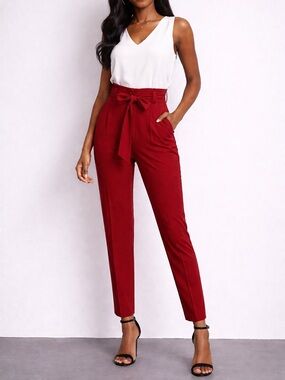EXPRESS 🔥 Deep Red High-Waist Paperbag Tie Pants - Women